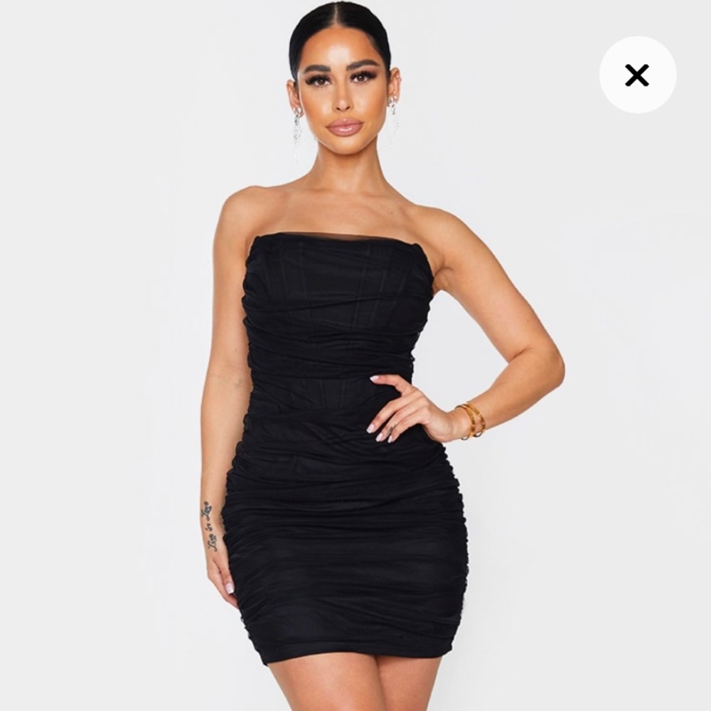 Black Mesh Corset Detail Ruched Bodycon Dress